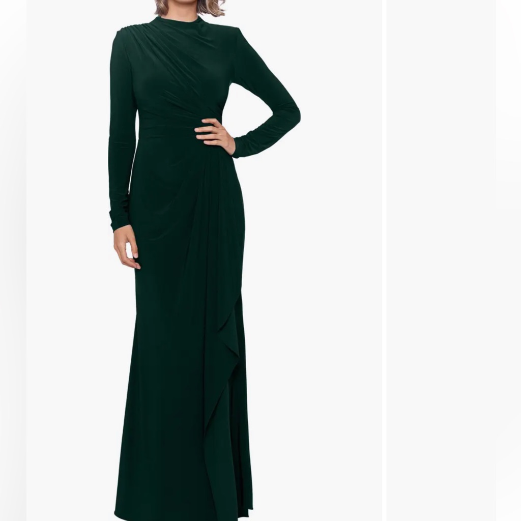Betsy & Adam Ruffle Long Sleeve Sheath Gown- Green